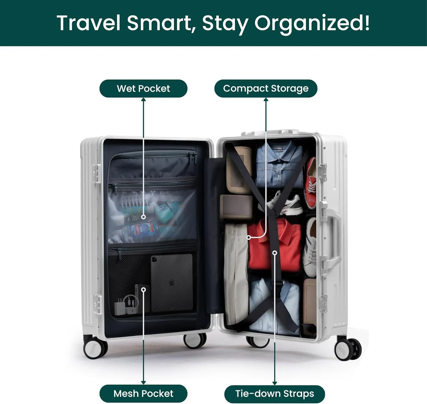 Nobl Travel Zipperless Check In Suitcase - Aluminum Frame, Check In luggage 30.25x20x12 Airline Approved by Noble Travel - Unbreakable Polycarbonate Shell - Dual TSA Locks, 360 Spinner Wheels - White