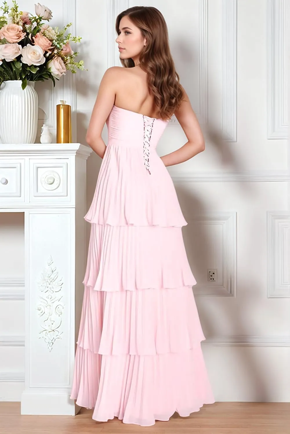 Off Shoulder Chiffon Prom Dresses 2025 for Women Sweetheart Tiered Ruched Formal Evening Party Dresses