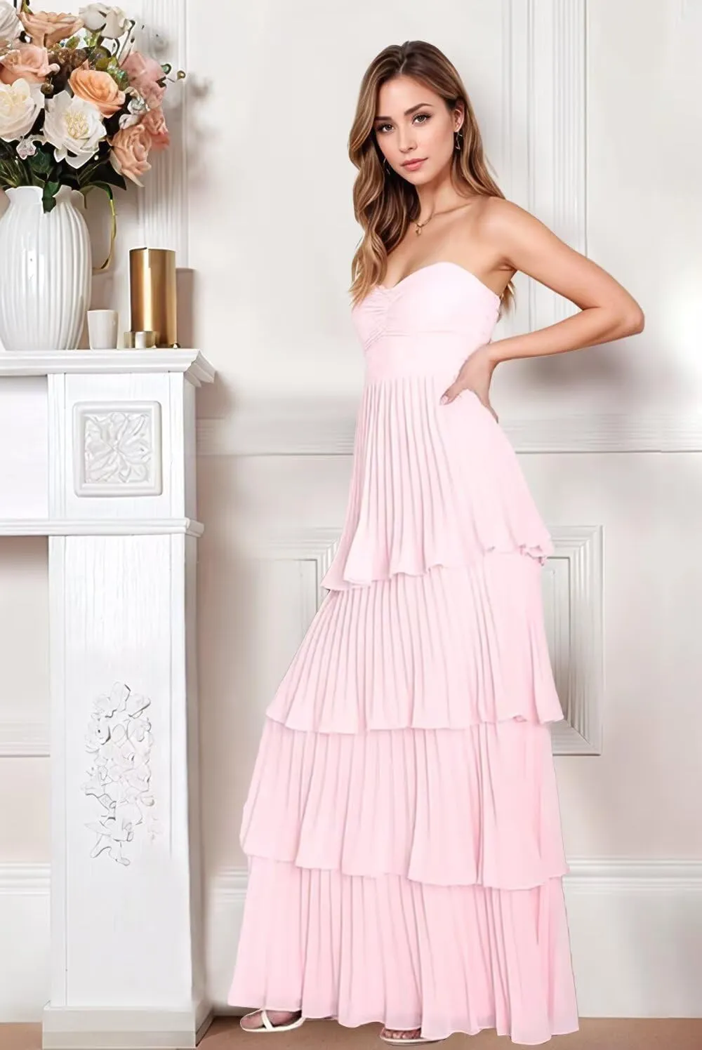Off Shoulder Chiffon Prom Dresses 2025 for Women Sweetheart Tiered Ruched Formal Evening Party Dresses