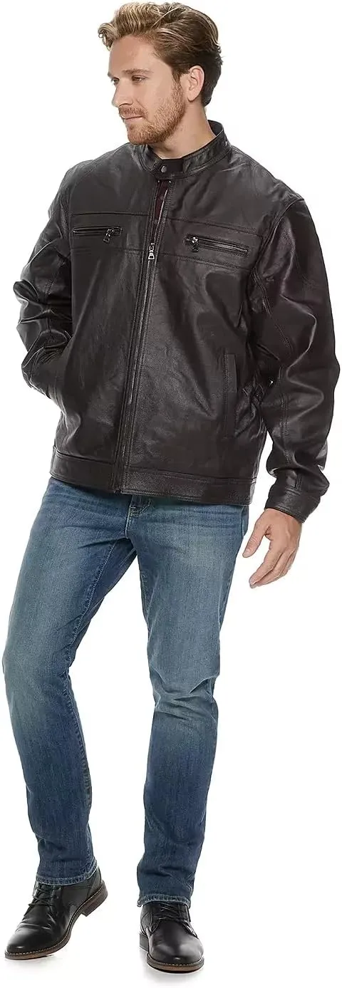 Outfitters Men's Genuine Leather Jacket Multi Pocket Racing Jacket Motorcycle Jacket