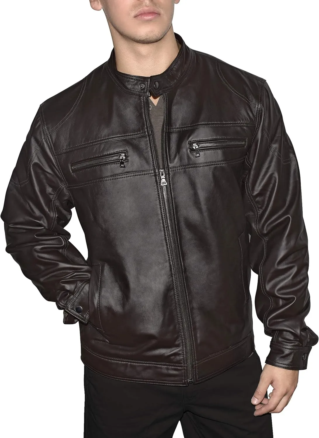 Outfitters Men's Genuine Leather Jacket Multi Pocket Racing Jacket Motorcycle Jacket