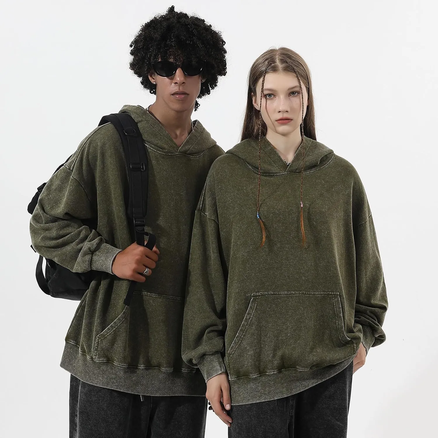 Oversized Acid Wash Vintage Hoodie Men Cotton Heavyweight Baggy Trendy Streetwear Hooded Sweatshirt Basic Pullover