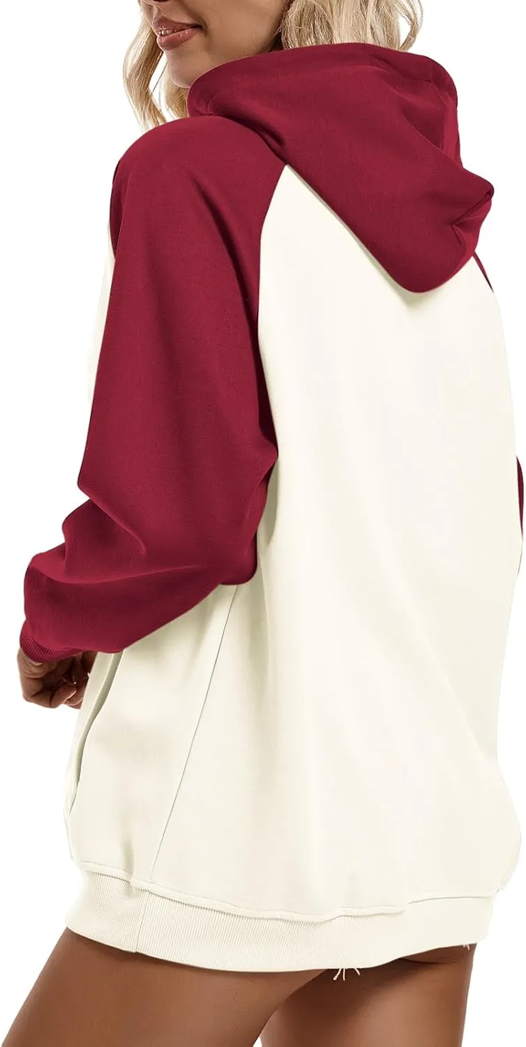 Oversized Color Block Full Zip Up Hoodies for Women Lightweight Hooded Sweatshirt Trendy Casual Jacket with Pockets