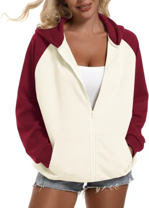 Oversized Color Block Full Zip Up Hoodies for Women Lightweight Hooded Sweatshirt Trendy Casual Jacket with Pockets