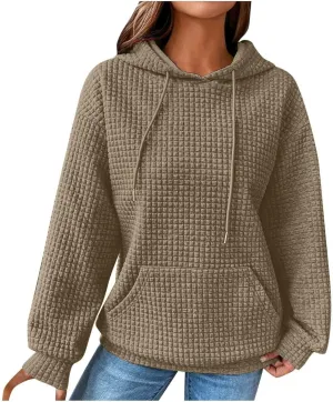 Oversized Hoodies for Women Trendy Casual Waffle Sweatshirt Y2k Drawstring Long Sleeve Pullover Cute Hoodie w/Pockets