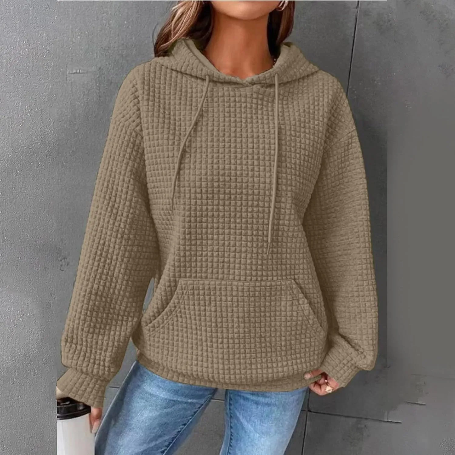 Oversized Hoodies for Women Trendy Casual Waffle Sweatshirt Y2k Drawstring Long Sleeve Pullover Cute Hoodie w/Pockets