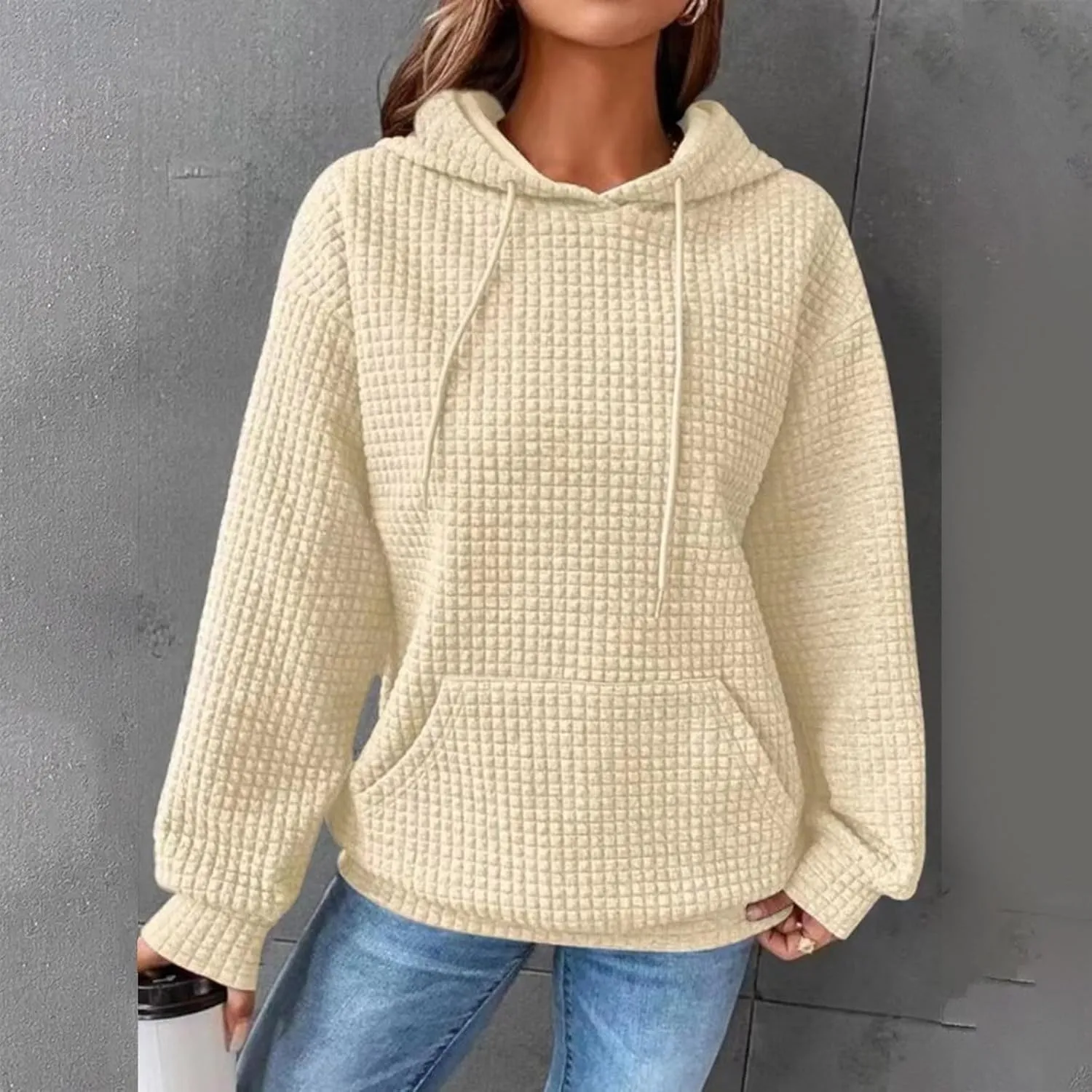 Oversized Hoodies for Women Trendy Casual Waffle Sweatshirt Y2k Drawstring Long Sleeve Pullover Cute Hoodie w/Pockets