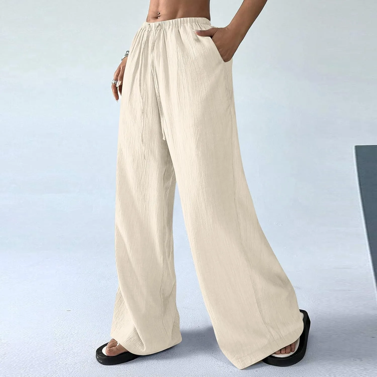 Oversized Wide Leg Pants Woman Baggy Elastic High Waisted Linen Trousers Pants Summer Boho Flowy Pants with Pockets