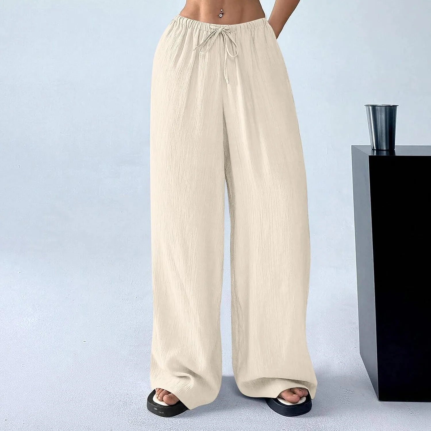 Oversized Wide Leg Pants Woman Baggy Elastic High Waisted Linen Trousers Pants Summer Boho Flowy Pants with Pockets