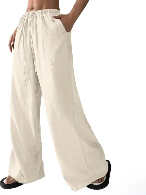 Oversized Wide Leg Pants Woman Baggy Elastic High Waisted Linen Trousers Pants Summer Boho Flowy Pants with Pockets