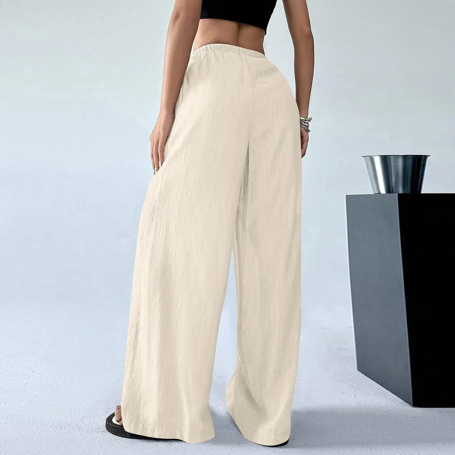 Oversized Wide Leg Pants Woman Baggy Elastic High Waisted Linen Trousers Pants Summer Boho Flowy Pants with Pockets