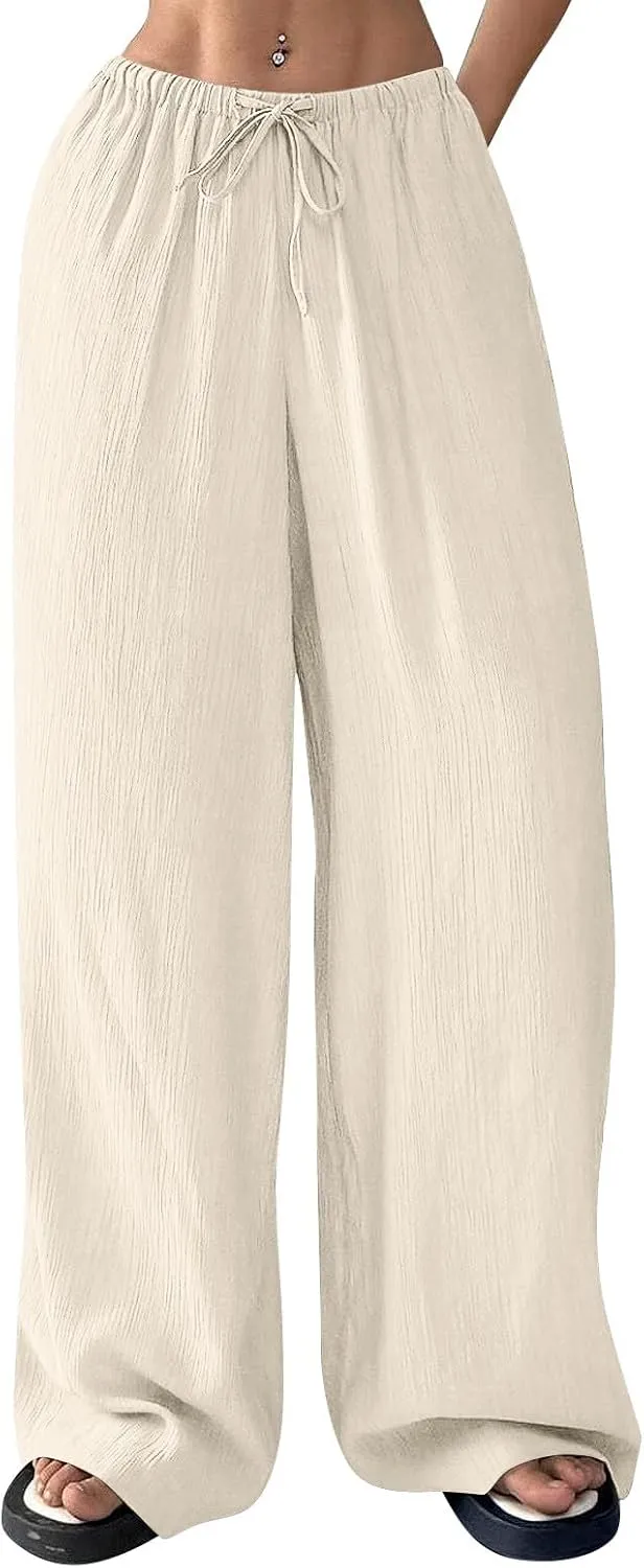 Oversized Wide Leg Pants Woman Baggy Elastic High Waisted Linen Trousers Pants Summer Boho Flowy Pants with Pockets