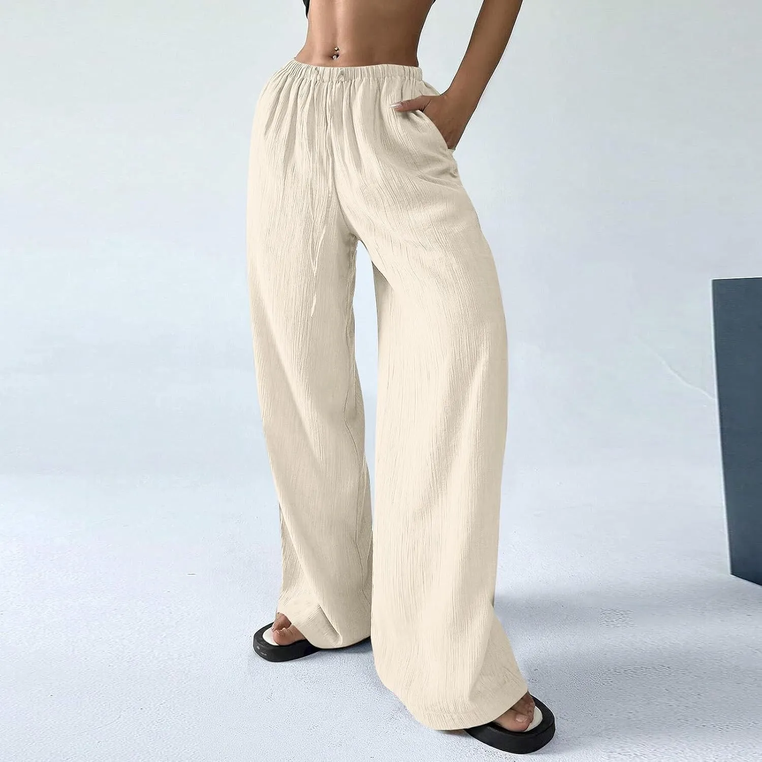 Oversized Wide Leg Pants Woman Baggy Elastic High Waisted Linen Trousers Pants Summer Boho Flowy Pants with Pockets