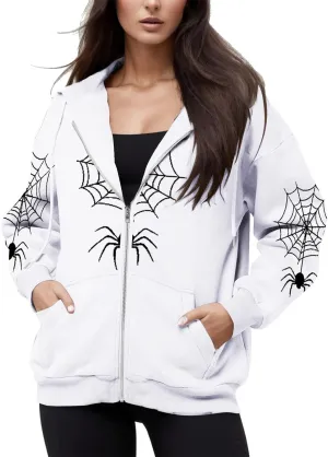 Oversized Zip up Hoodie for Women,Womens Y2k Zip Up Spider Graphic Hoodie,Halloween Rhinestone Oversized Hoodies