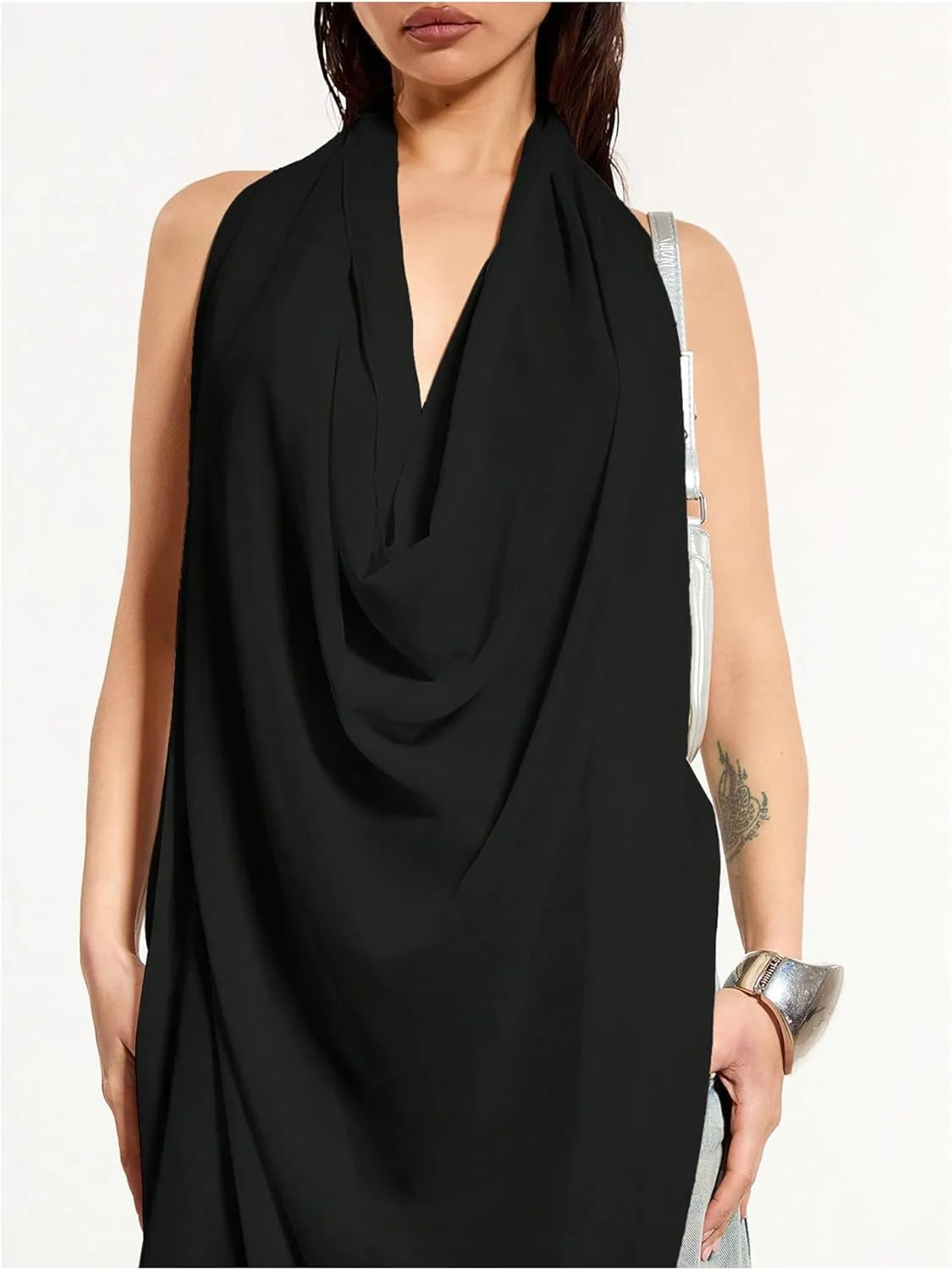 OYOANGLE Women's Backless Cowl Neck Sleeveless Tank Top Draped Front Chiffon Trendy Tops
