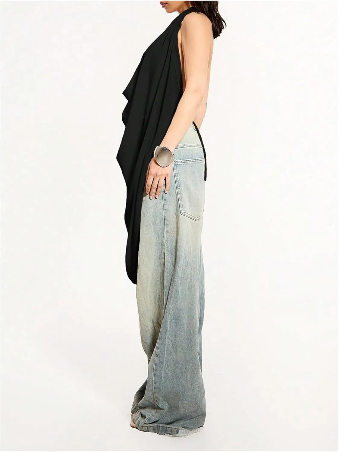 OYOANGLE Women's Backless Cowl Neck Sleeveless Tank Top Draped Front Chiffon Trendy Tops