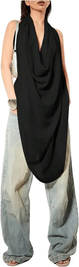 OYOANGLE Women's Backless Cowl Neck Sleeveless Tank Top Draped Front Chiffon Trendy Tops