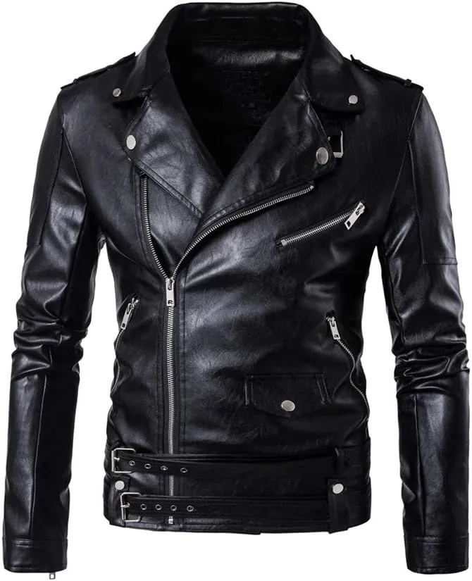 PASOK Men's PU Leather Jacket Causal Belted Faux Leather Motorcycle Jacket Zipper Biker Coat