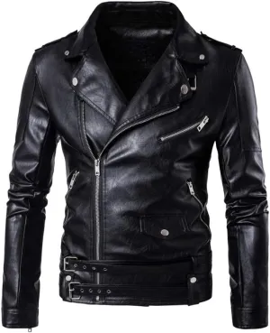 PASOK Men's PU Leather Jacket Causal Belted Faux Leather Motorcycle Jacket Zipper Biker Coat