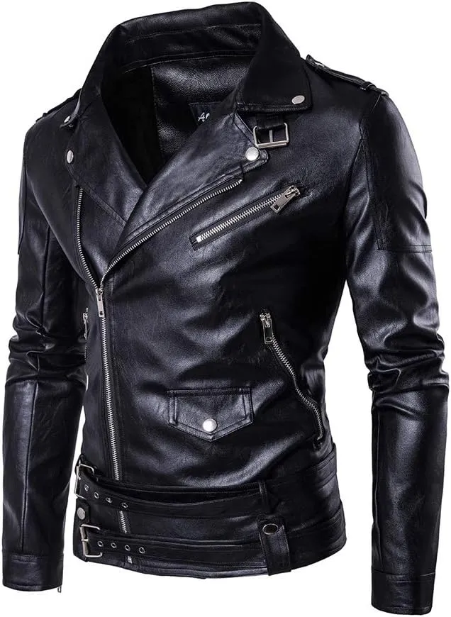 PASOK Men's PU Leather Jacket Causal Belted Faux Leather Motorcycle Jacket Zipper Biker Coat