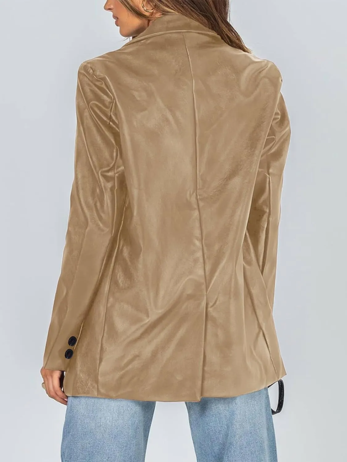 Pepochic Womens Oversized Leather Jacket Long Sleeve Faux Leather Blazer Lapel Button Down Leather Shacket Coat with Pockets