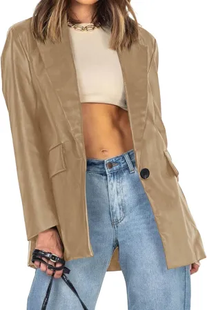 Pepochic Womens Oversized Leather Jacket Long Sleeve Faux Leather Blazer Lapel Button Down Leather Shacket Coat with Pockets