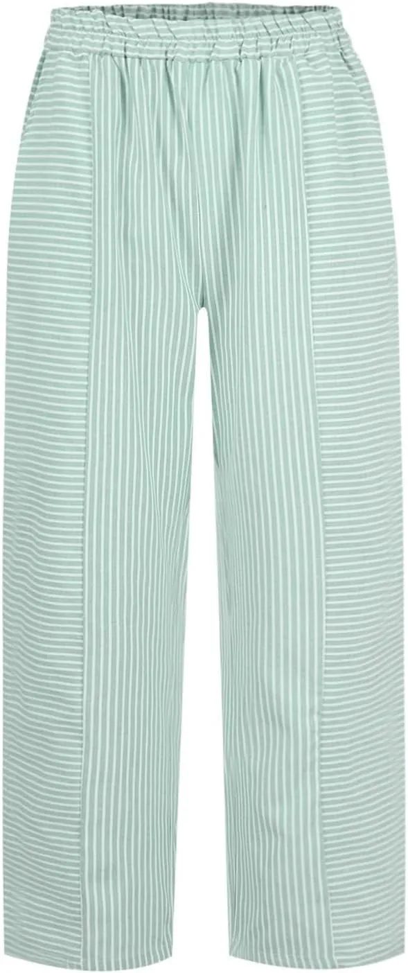 Petite Linen Pants for Women Geometric Texture Cotton Linen Casual Pants Loose Fit Drawstring Trousers with Pockets