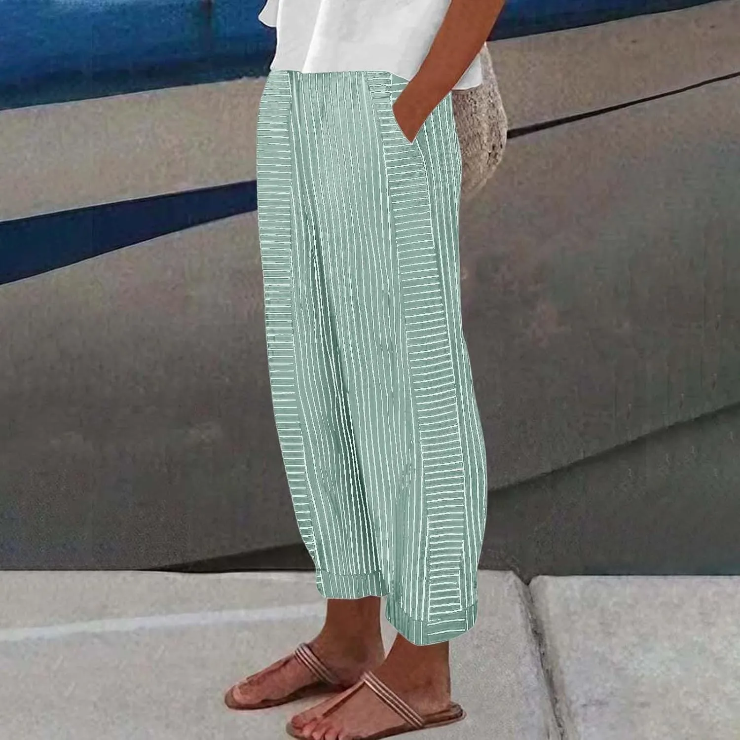 Petite Linen Pants for Women Geometric Texture Cotton Linen Casual Pants Loose Fit Drawstring Trousers with Pockets