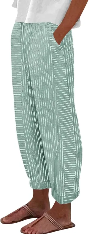 Petite Linen Pants for Women Geometric Texture Cotton Linen Casual Pants Loose Fit Drawstring Trousers with Pockets