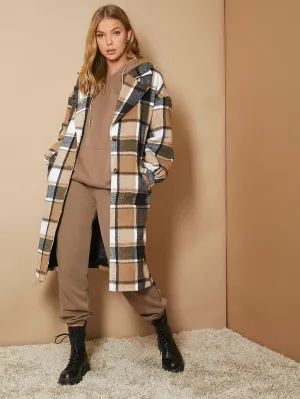 Plaid Belted Long Sleeve Lapel Midi Women Overcoat