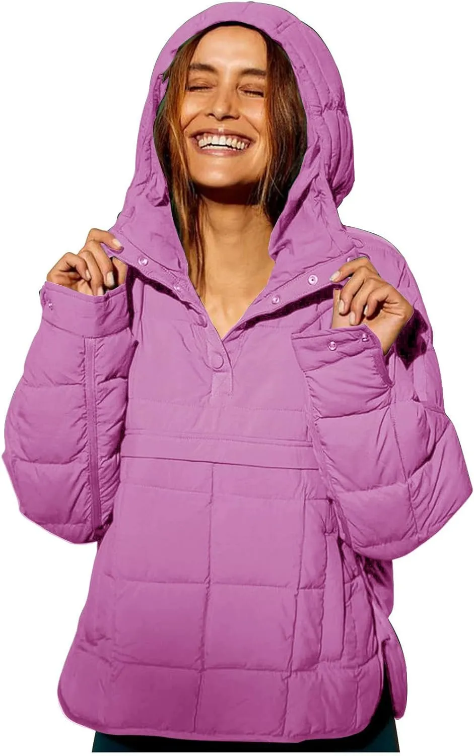 Pullover Puffer Jacket for Women Long Sleeve Oversized Quilted Jackets Solid Color Hooded Sweatshirt Fall Comfy Outwear