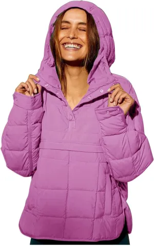 Pullover Puffer Jacket for Women Long Sleeve Oversized Quilted Jackets Solid Color Hooded Sweatshirt Fall Comfy Outwear