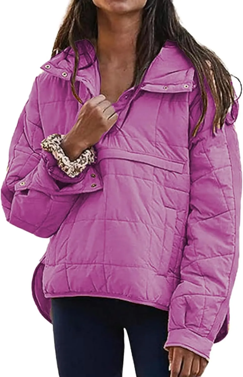 Pullover Puffer Jacket for Women Long Sleeve Oversized Quilted Jackets Solid Color Hooded Sweatshirt Fall Comfy Outwear