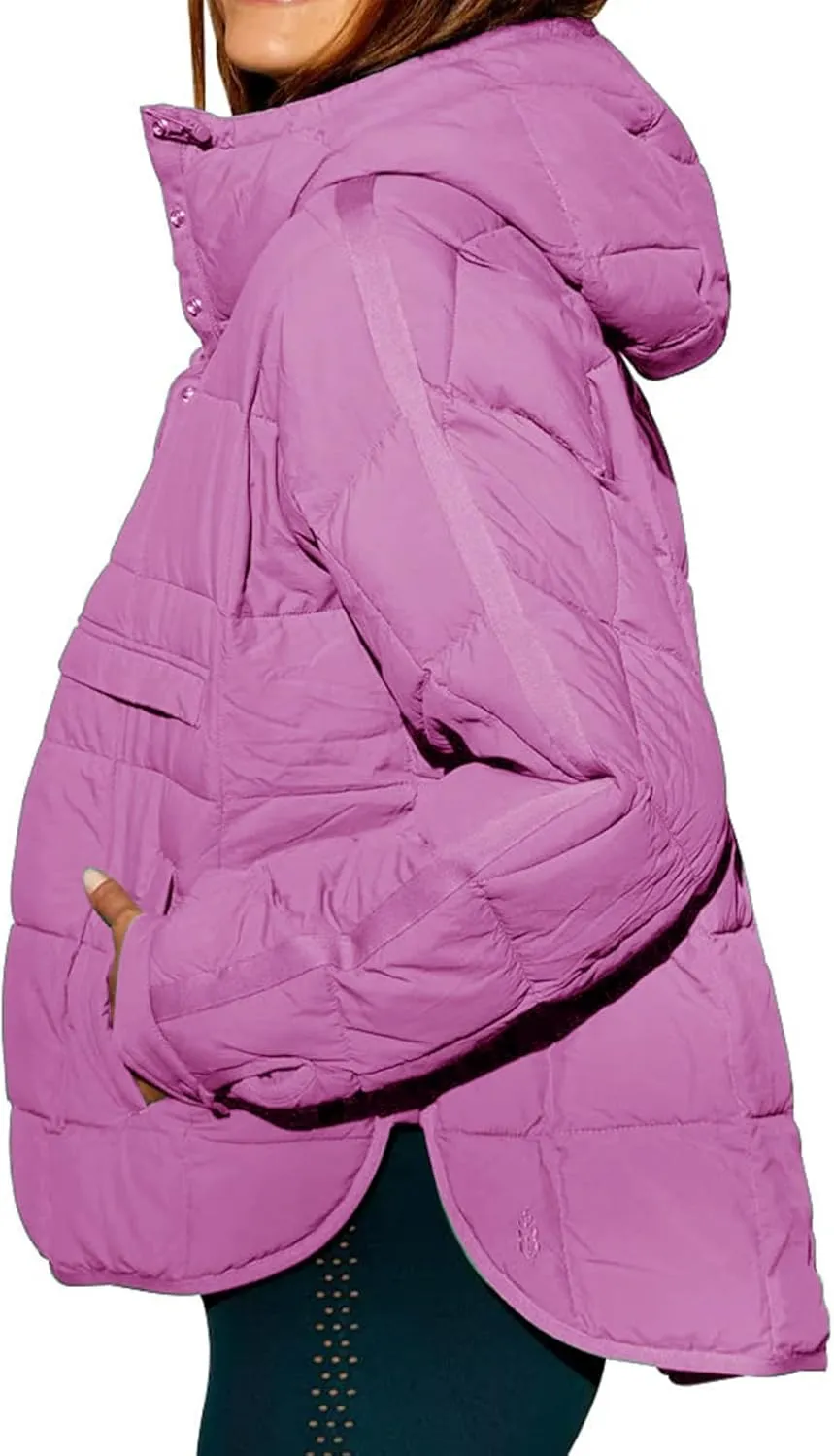 Pullover Puffer Jacket for Women Long Sleeve Oversized Quilted Jackets Solid Color Hooded Sweatshirt Fall Comfy Outwear