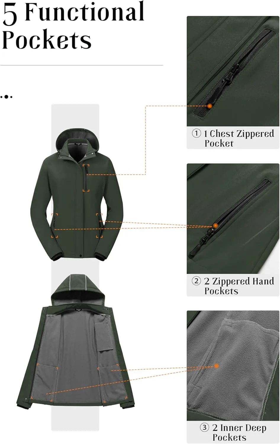 Pursky Women's Softshell Jacket Lightweight Fleece Lined Rain Jacket Waterproof Warm Windbreaker Coat With Removable Hood