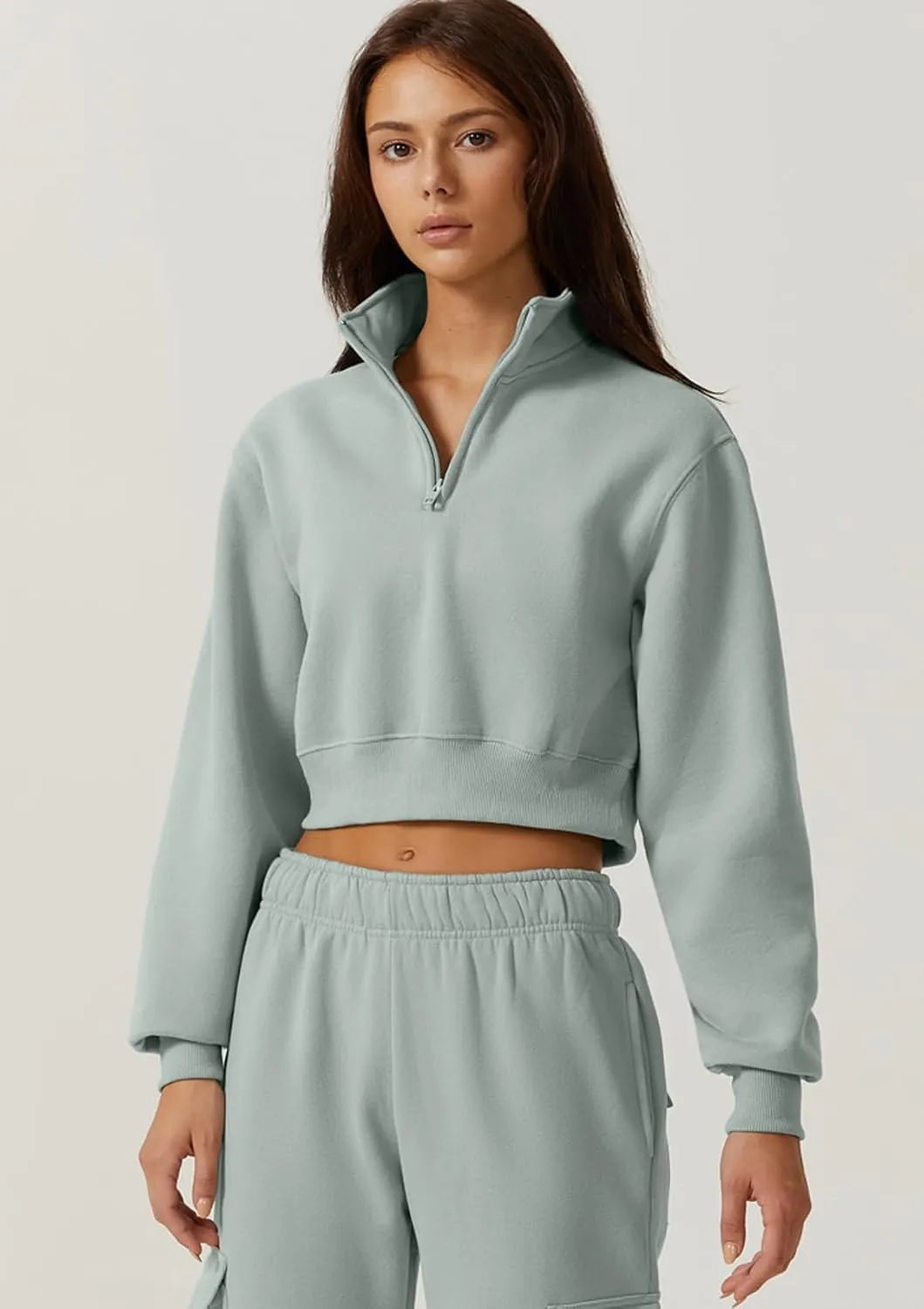 QINSEN Womens Half Zip Crop Sweatshirt High Neck Long Sleeve Pullover Cropped Top