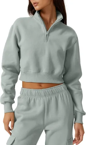 QINSEN Womens Half Zip Crop Sweatshirt High Neck Long Sleeve Pullover Cropped Top