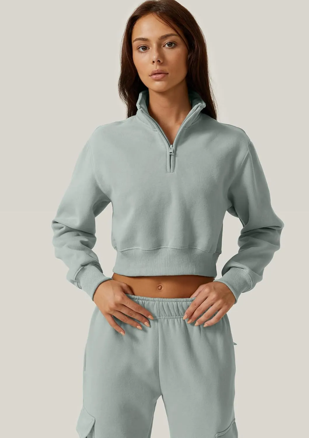 QINSEN Womens Half Zip Crop Sweatshirt High Neck Long Sleeve Pullover Cropped Top
