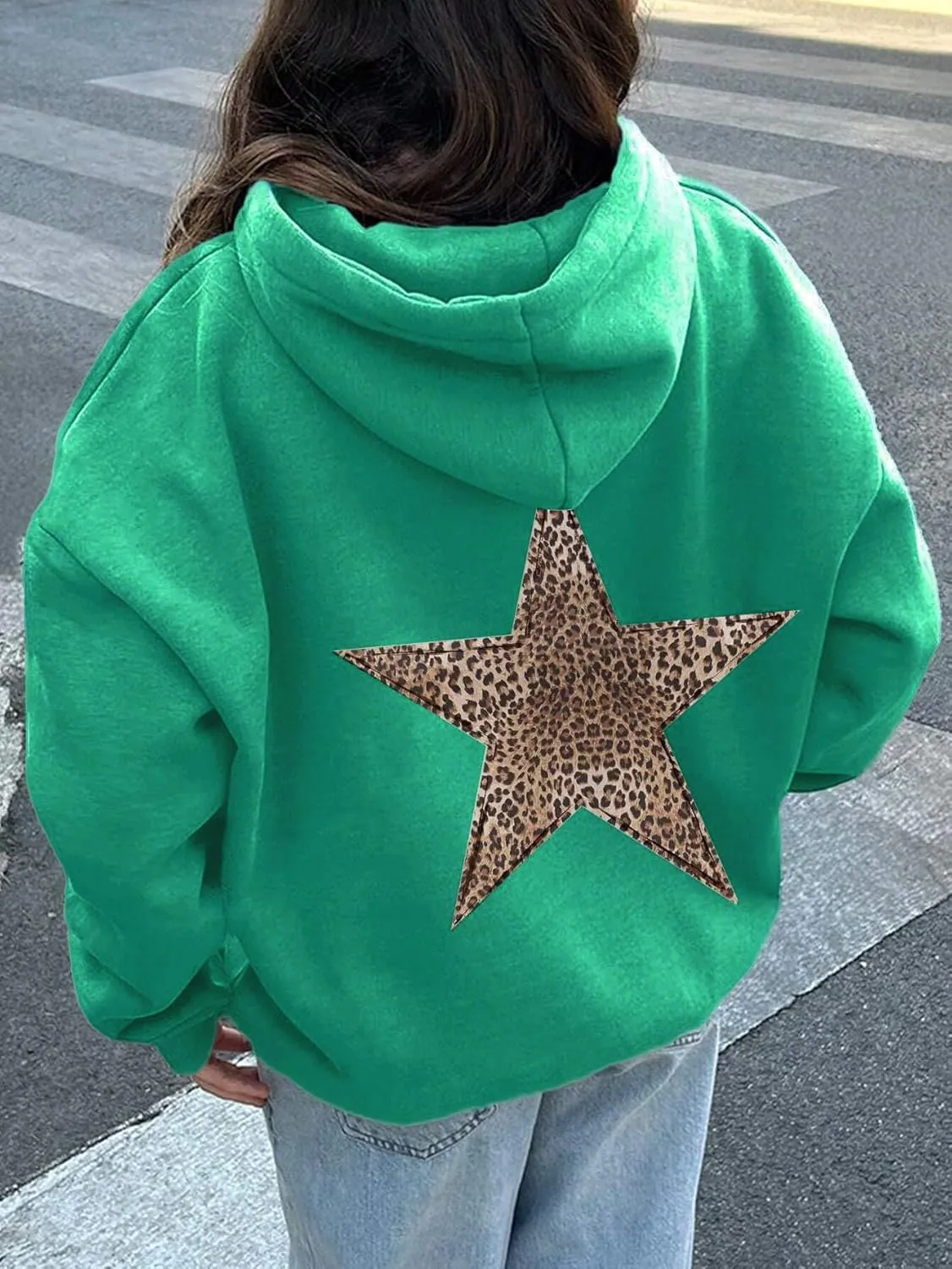 QYZ-Top Womens Cheetah Leopard Star Hoodie Graphic Print Fleece Y2k Oversized Hooded Sweatshirt