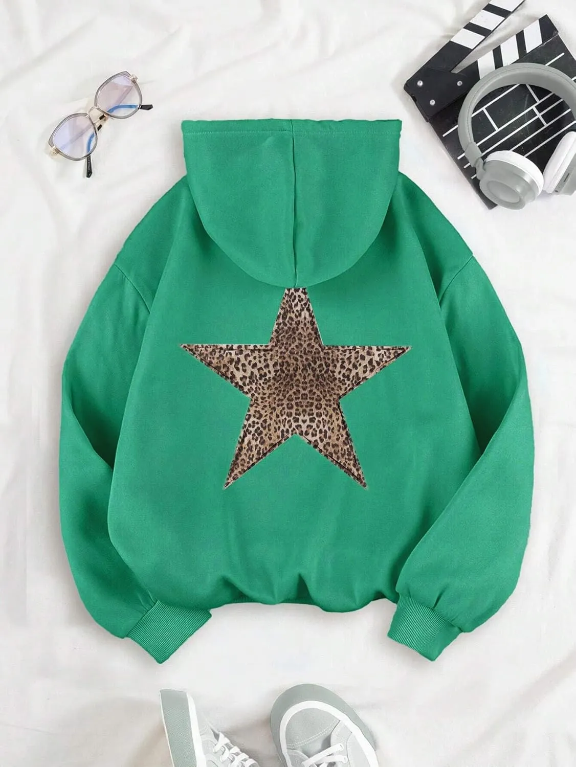 QYZ-Top Womens Cheetah Leopard Star Hoodie Graphic Print Fleece Y2k Oversized Hooded Sweatshirt