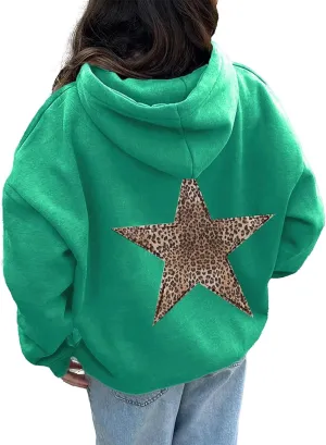 QYZ-Top Womens Cheetah Leopard Star Hoodie Graphic Print Fleece Y2k Oversized Hooded Sweatshirt