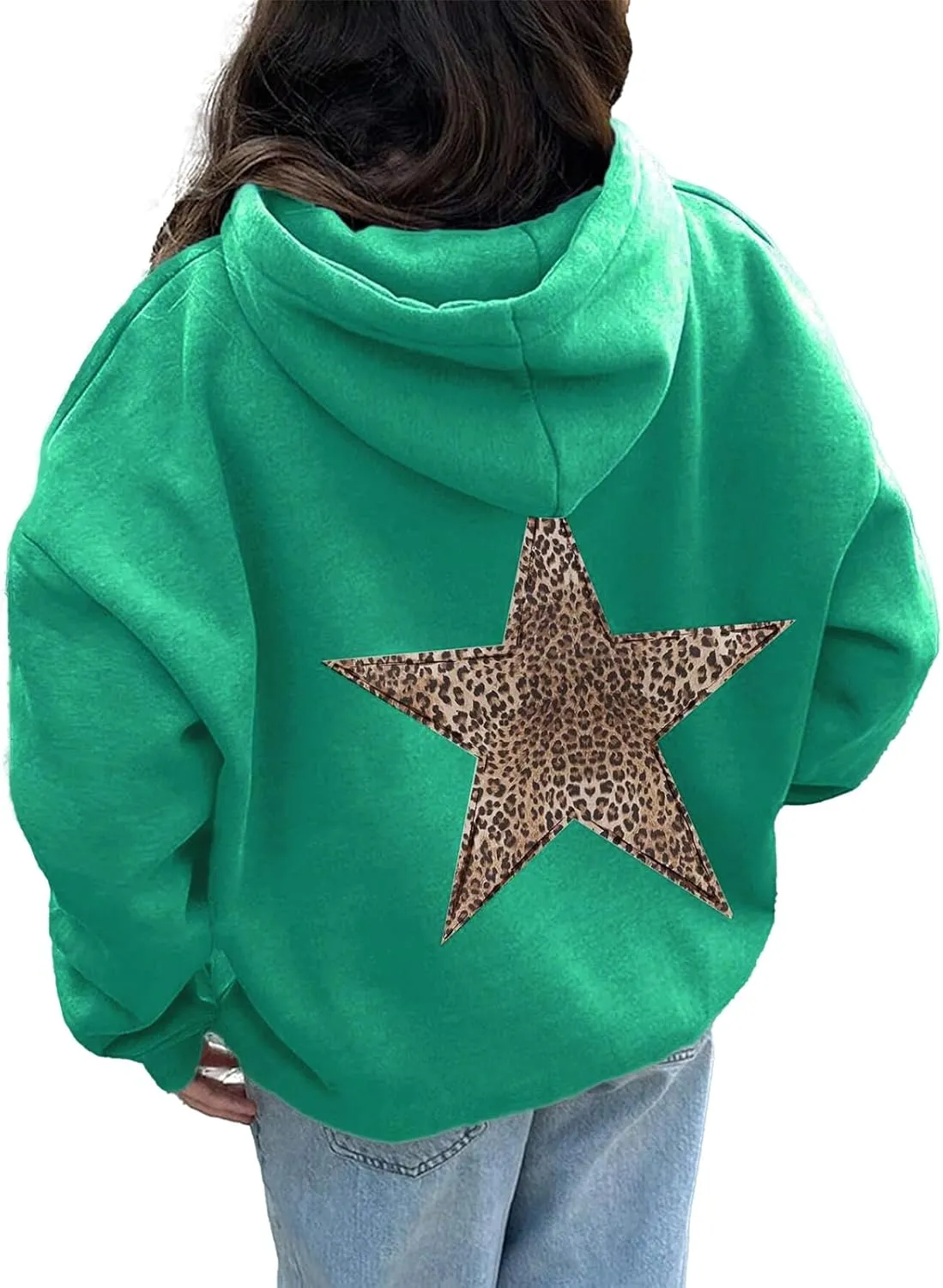 QYZ-Top Womens Cheetah Leopard Star Hoodie Graphic Print Fleece Y2k Oversized Hooded Sweatshirt