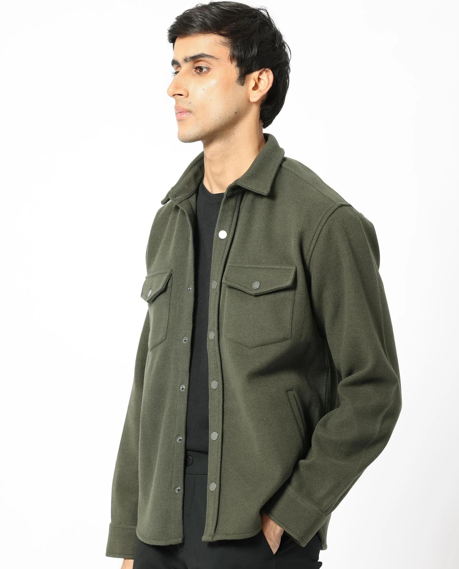 Rare Rabbit Men's Cason Dark Green Multi-Pocket Regular Collar Jacket