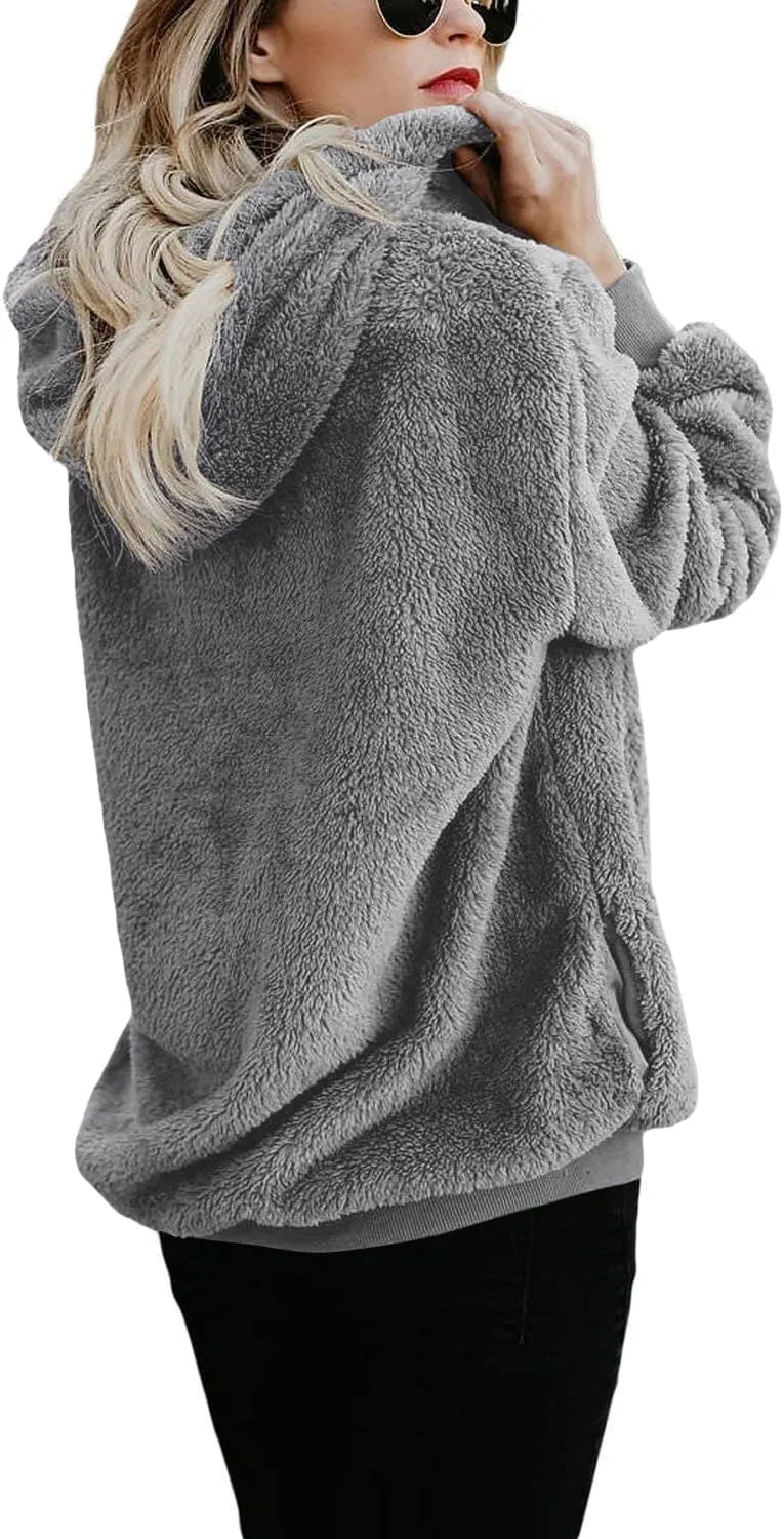 ReachMe Womens Oversized Sherpa Pullover Hoodie with Pockets Fuzzy Fleece Sweatshirt Plaid Fluffy Jacket Coat