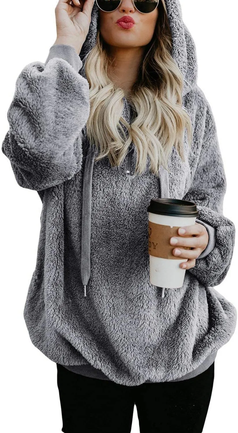 ReachMe Womens Oversized Sherpa Pullover Hoodie with Pockets Fuzzy Fleece Sweatshirt Plaid Fluffy Jacket Coat