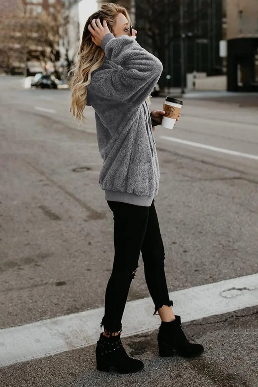 ReachMe Womens Oversized Sherpa Pullover Hoodie with Pockets Fuzzy Fleece Sweatshirt Plaid Fluffy Jacket Coat