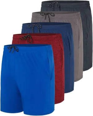 Real Essentials 5 Pack: Men's 5" Inseam Dry-Fit Running Workout Shorts - Pockets & Drawstring (Available in Big & Tall)