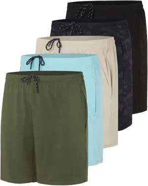 Real Essentials 5 Pack: Men's 5" Inseam Dry-Fit Running Workout Shorts - Pockets & Drawstring (Available in Big & Tall)