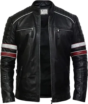 Red/BlackLeather Jacket for Men - Genuine Sheepskin Cafe Racer Motorcycle Jacket with Striking Red & White Stripes