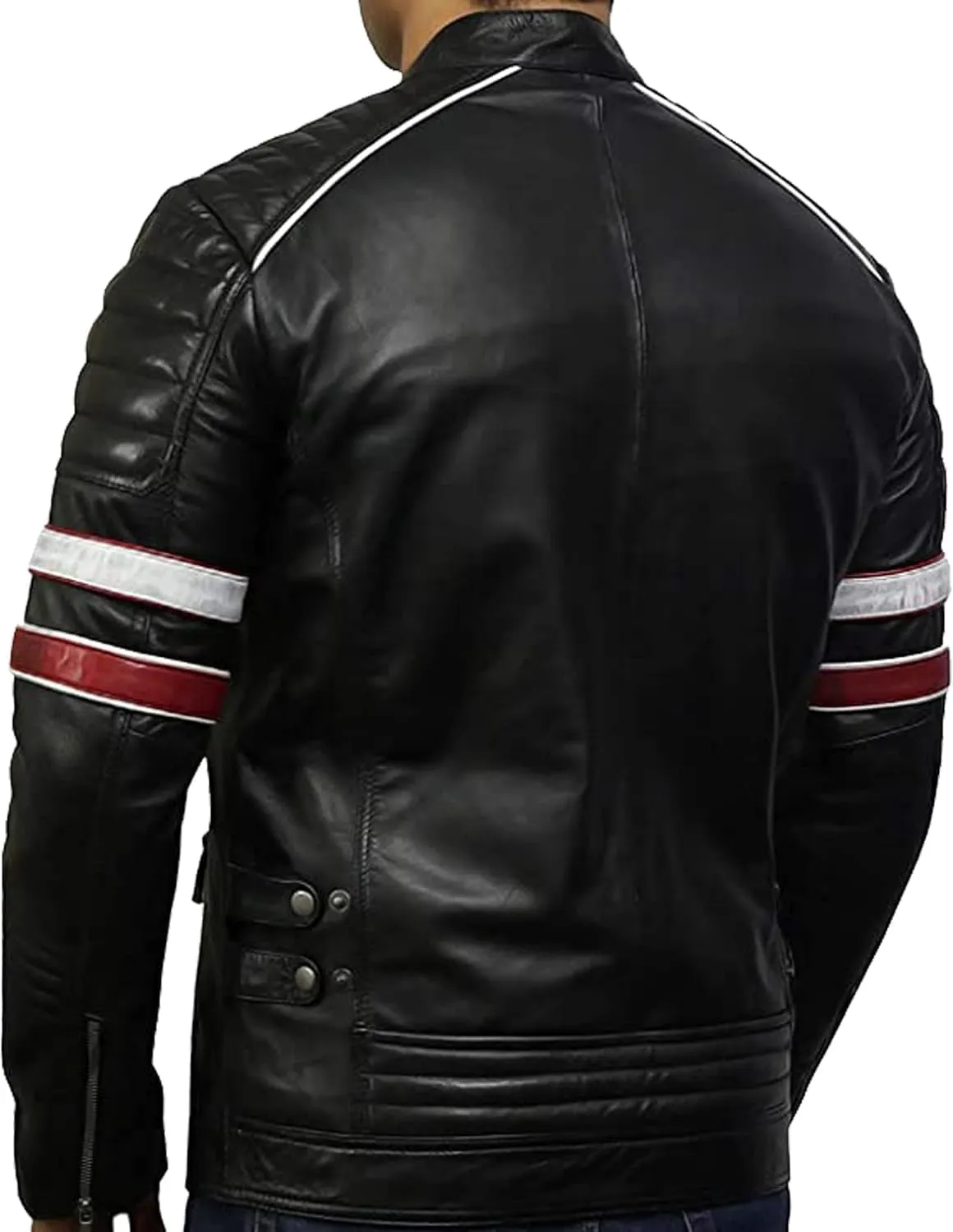 Red/BlackLeather Jacket for Men - Genuine Sheepskin Cafe Racer Motorcycle Jacket with Striking Red & White Stripes